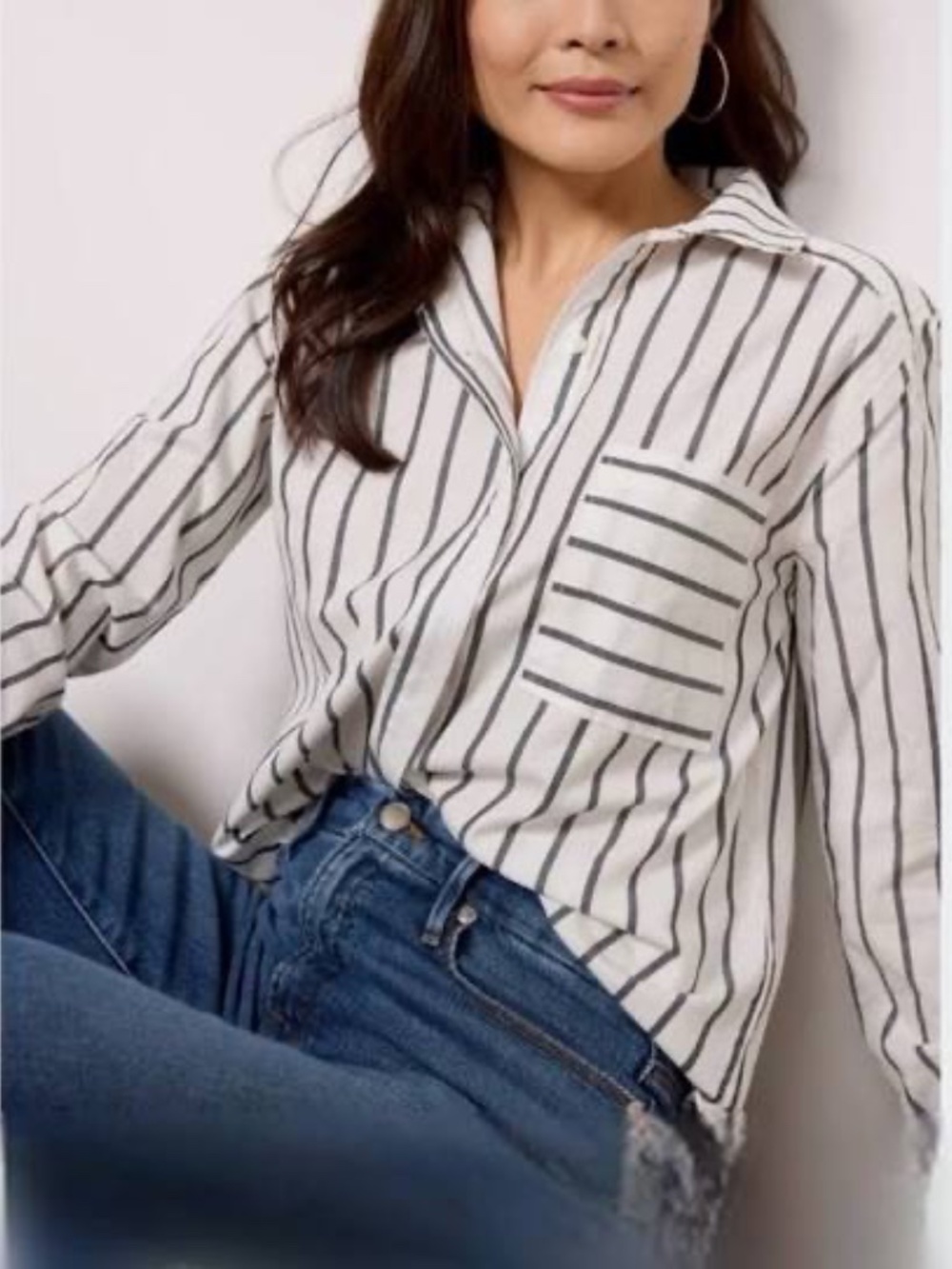 Evereve Black White Striped Button Up Cotton Blouse Top Pocket Womens Medium M